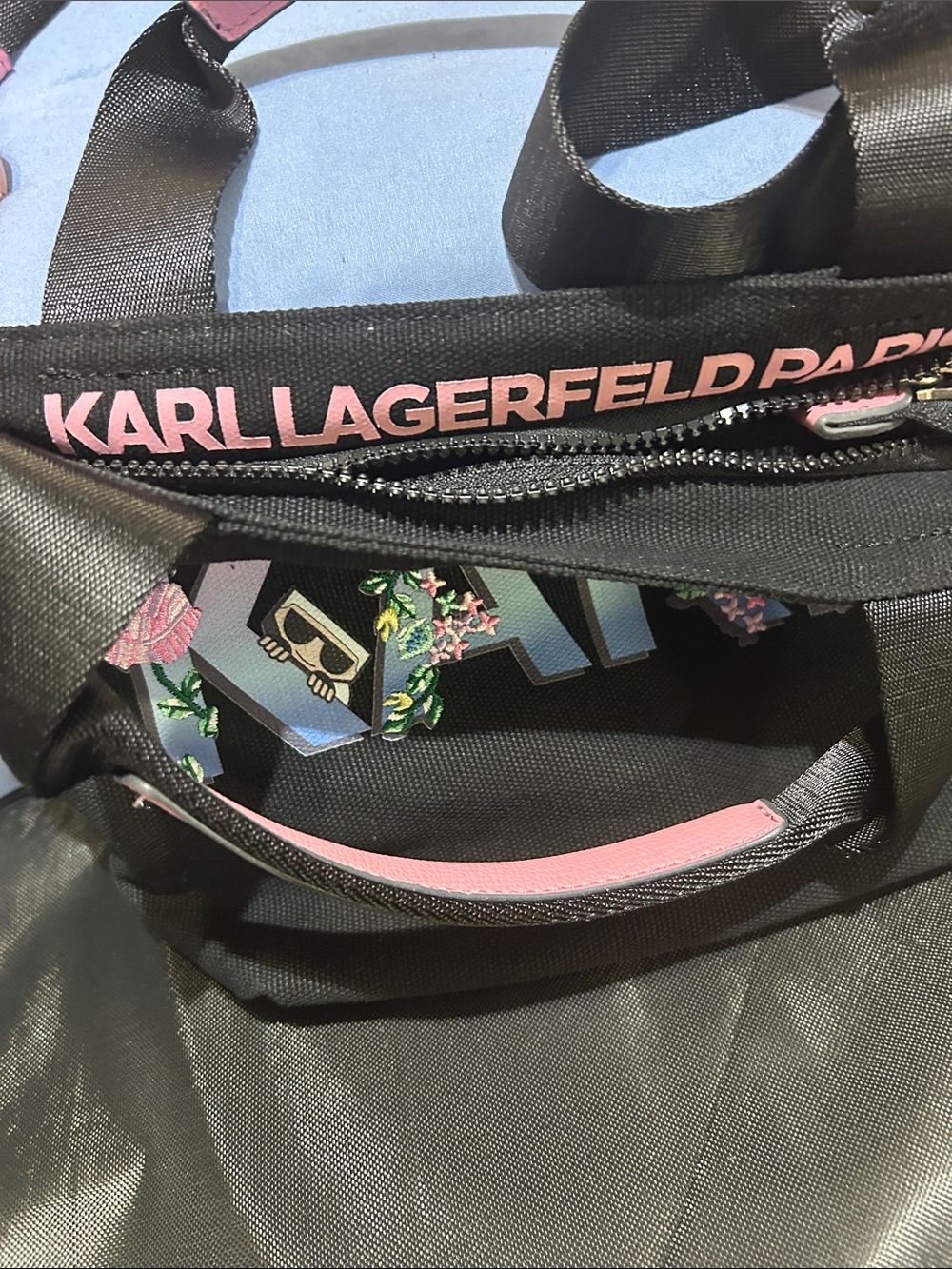 Karl Lagerfeld Black Canvas Mini Tote with Pink Trim - Picture 5 of 7